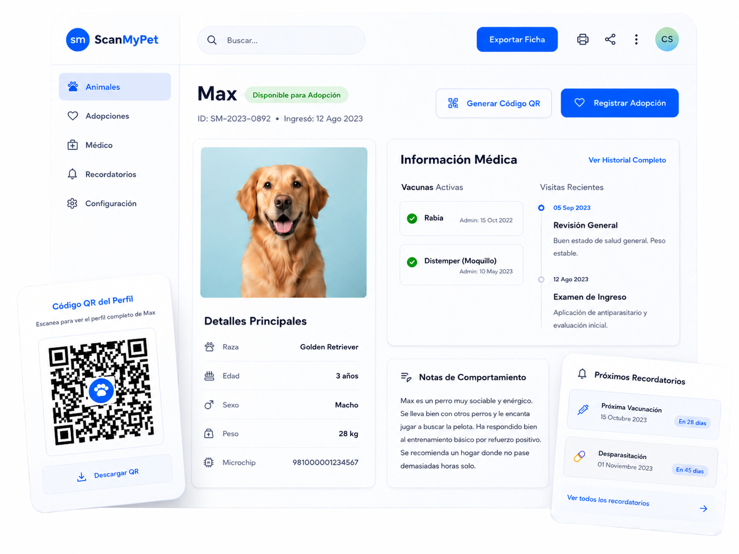 Dashboard de ScanMyPet con perfil de animal, código QR y recordatorios